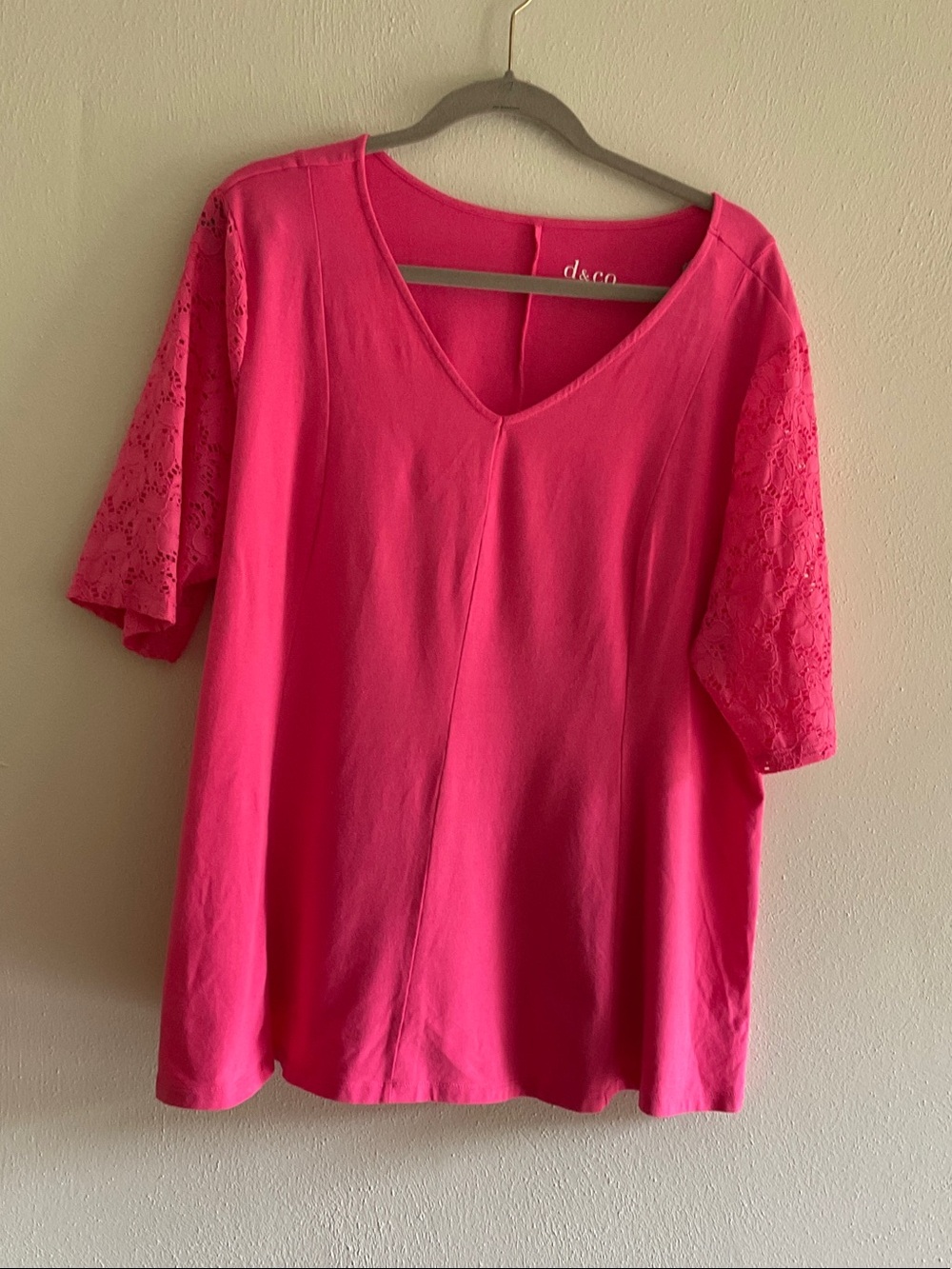 Denim&Co Pink V-Neck Top with Lace Short Sleeves